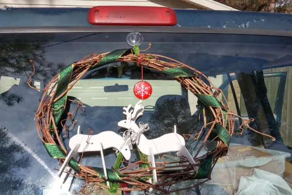 Christmas reef on the back of a Jeep that took goods to rural residents